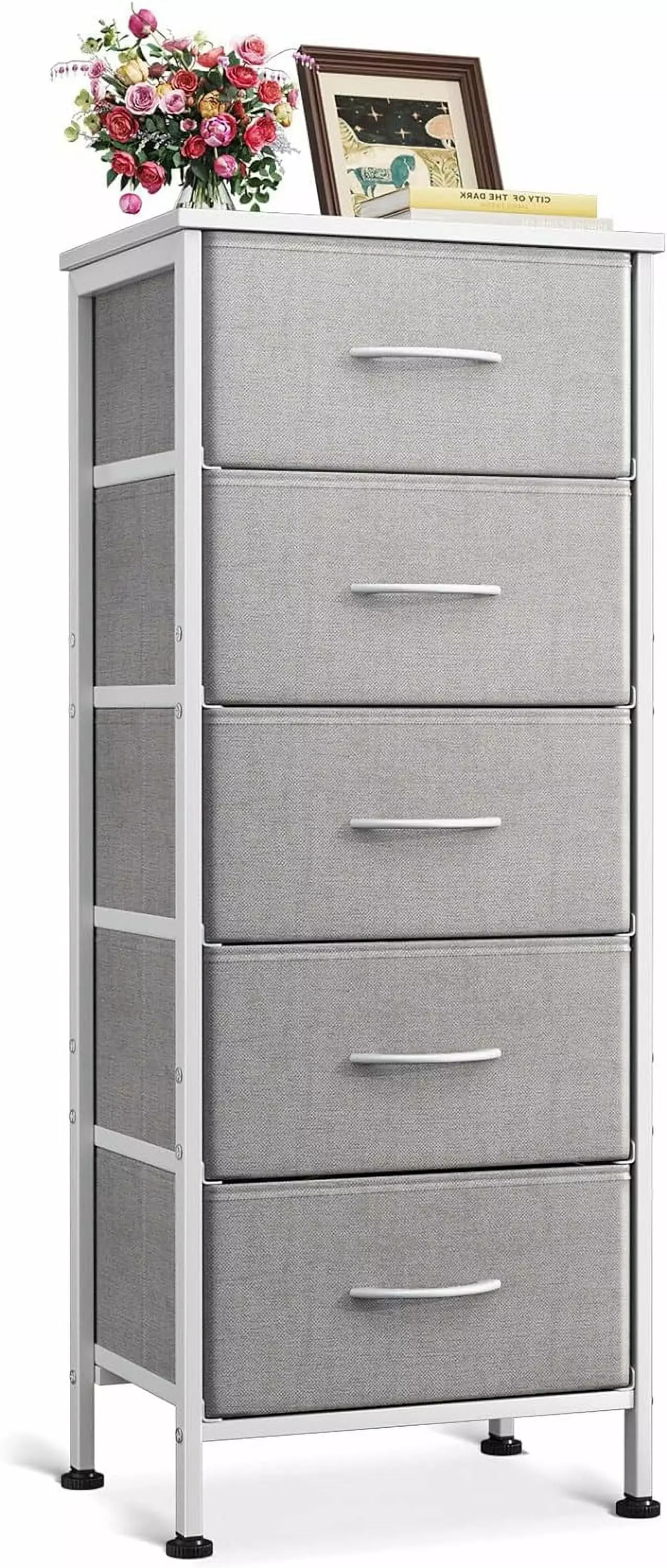 40-Inch Small Dresser Bedroom, 5-Drawer Fabric Storage Tower Sturdy Steel Frame, Light Grey jq02