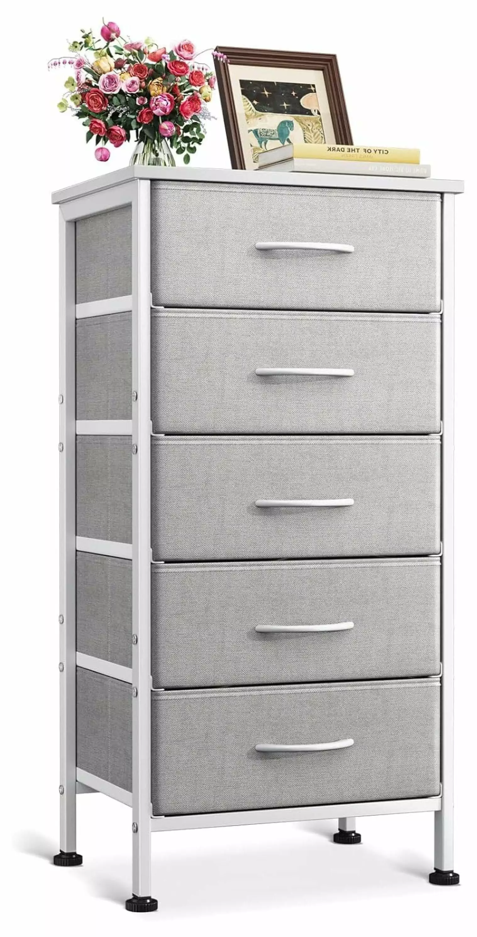 Zengpin 5 Drawer Dresser Bedroom Small Fabric Dresser Steel Frame Light Grey