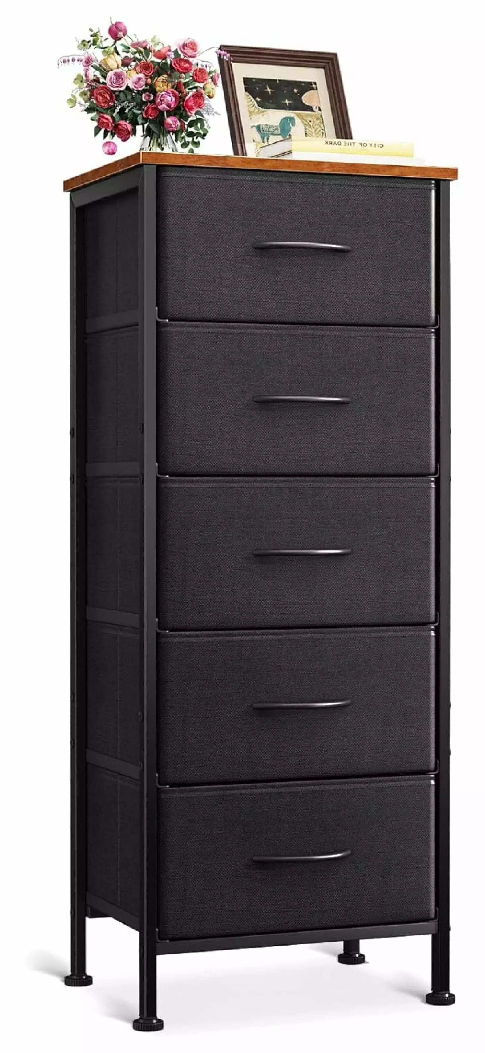 Zengpin Dresser Bedroom 5 Storage Drawers 40 Small Dresser Chest Drawers Fabric Dresser Sturdy Steel Frame Black and Vintage