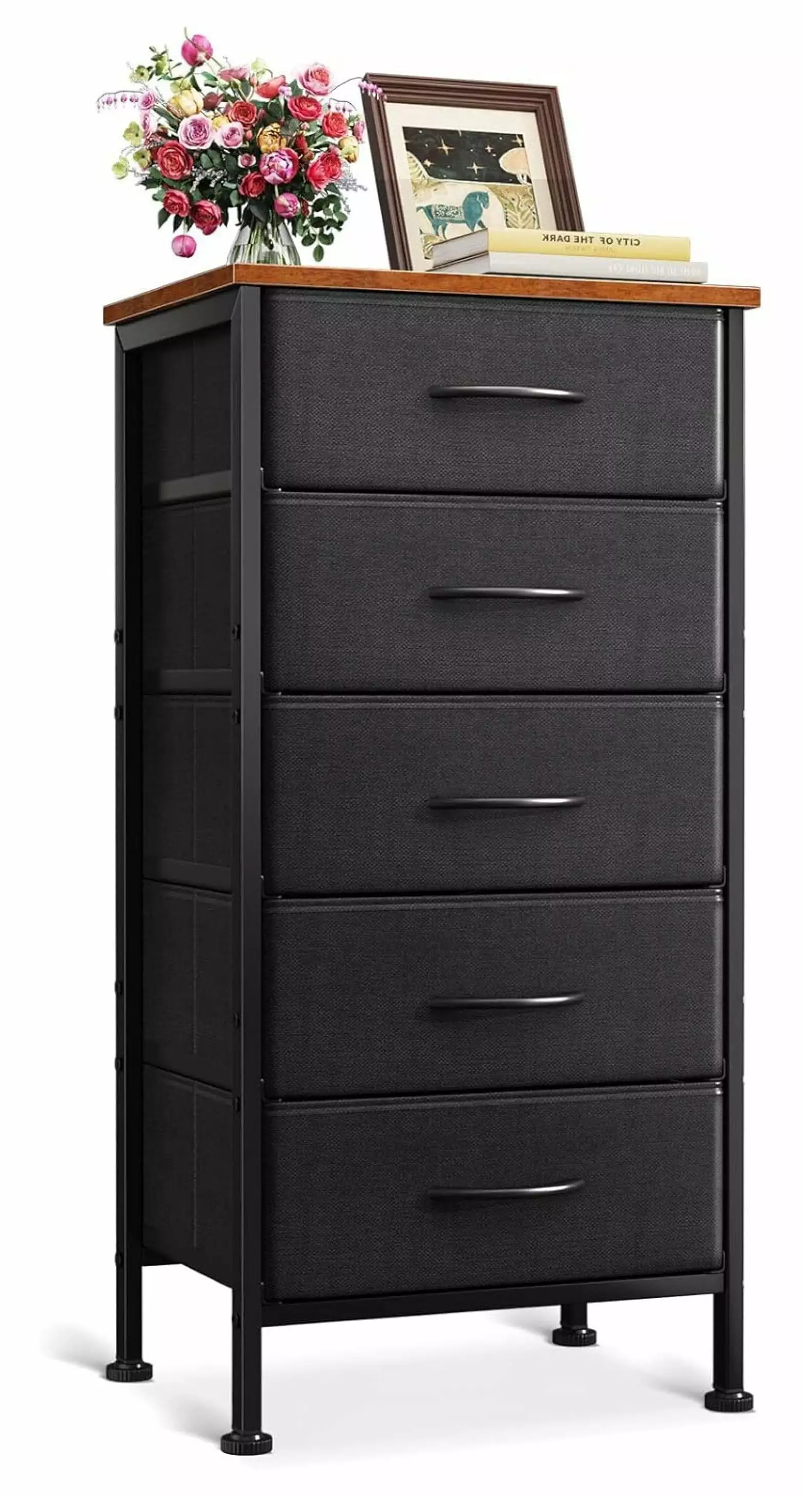 ZHAOTONG 5 Drawer Dresser Bedroom Small Fabric Dresser Steel Frame Black Vintage