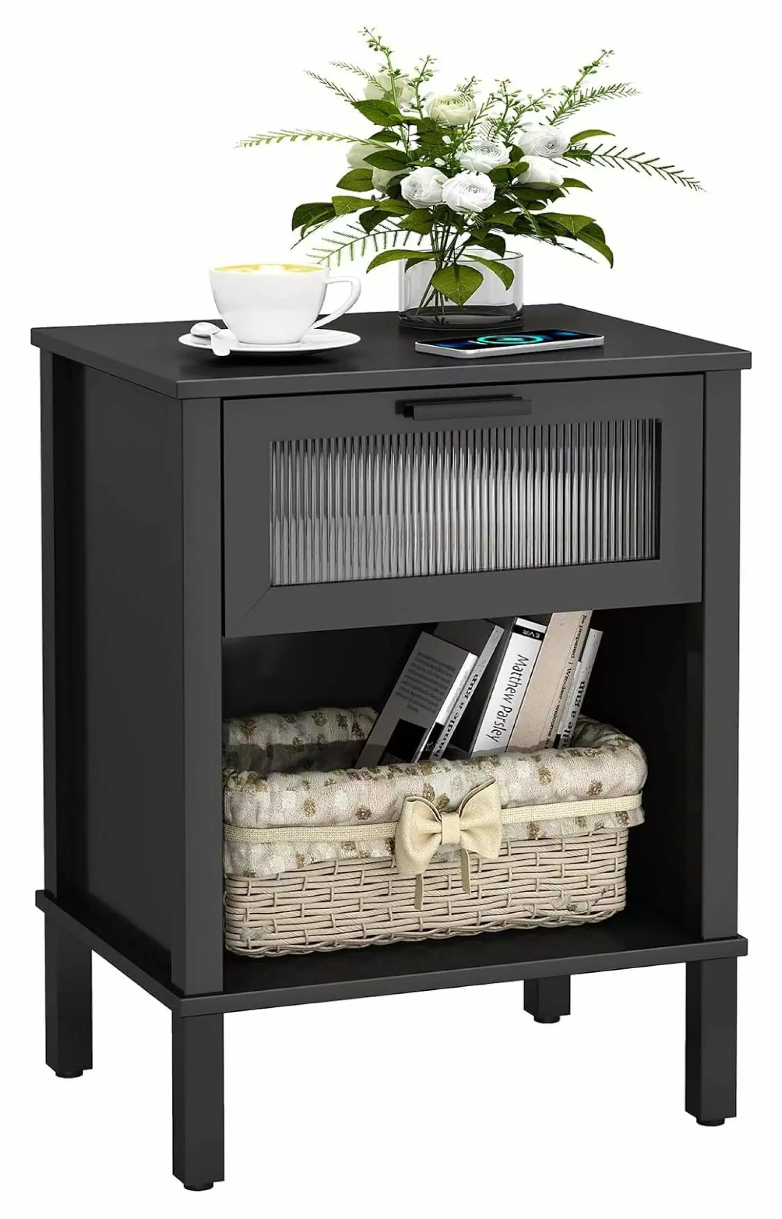 LirtedAura Small Black Nightstand End Table Drawer Bed Side Table Living Room Bedroom Small Space Black CTG67B