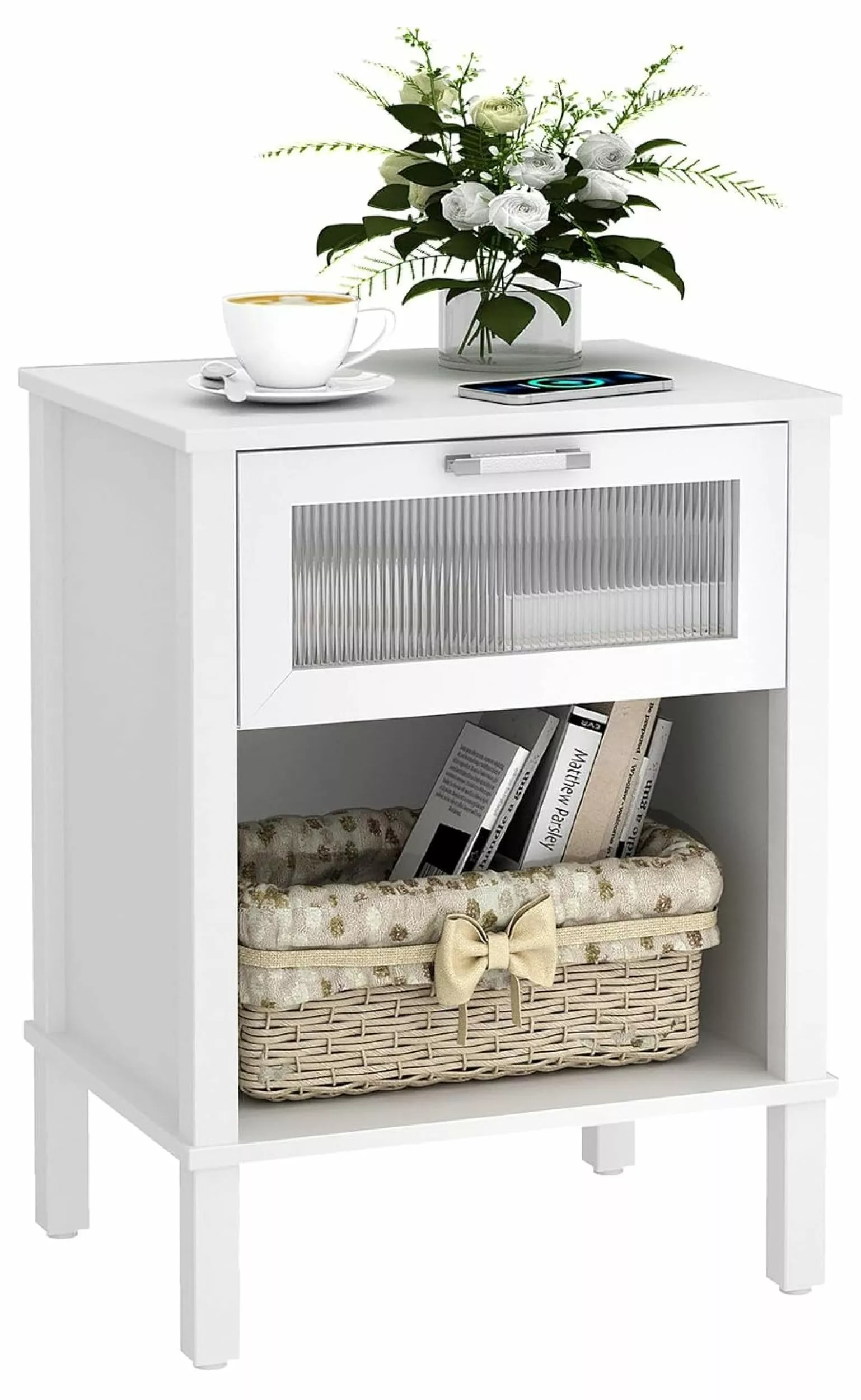 LirtedAura Small White Nightstand End Table Drawer Bed Side Table Living Room Bedroom Small Space White CTG67W
