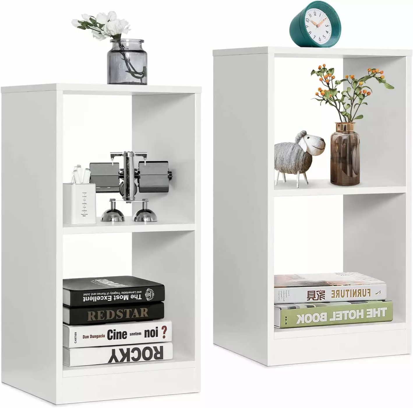 2-Pcs 2-Tier White Bookshelf Narrow Wood Bookcase Anti-Tipping Kit