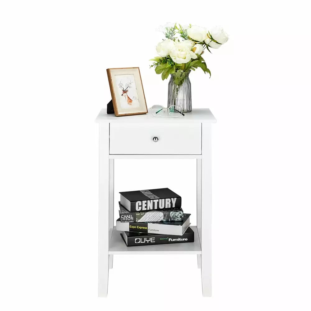 White Two-layer Bedside Table Drawer - Sturdy Space-Saving Design Small Bedrooms Apartments Enshey