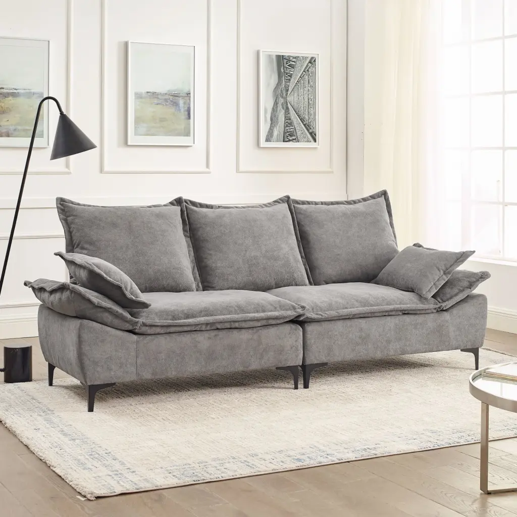 88.5 Modern Grey Dutch Velvet 3-Seater Sailboat Sofa Two Pillows Small Spaces Ponnky