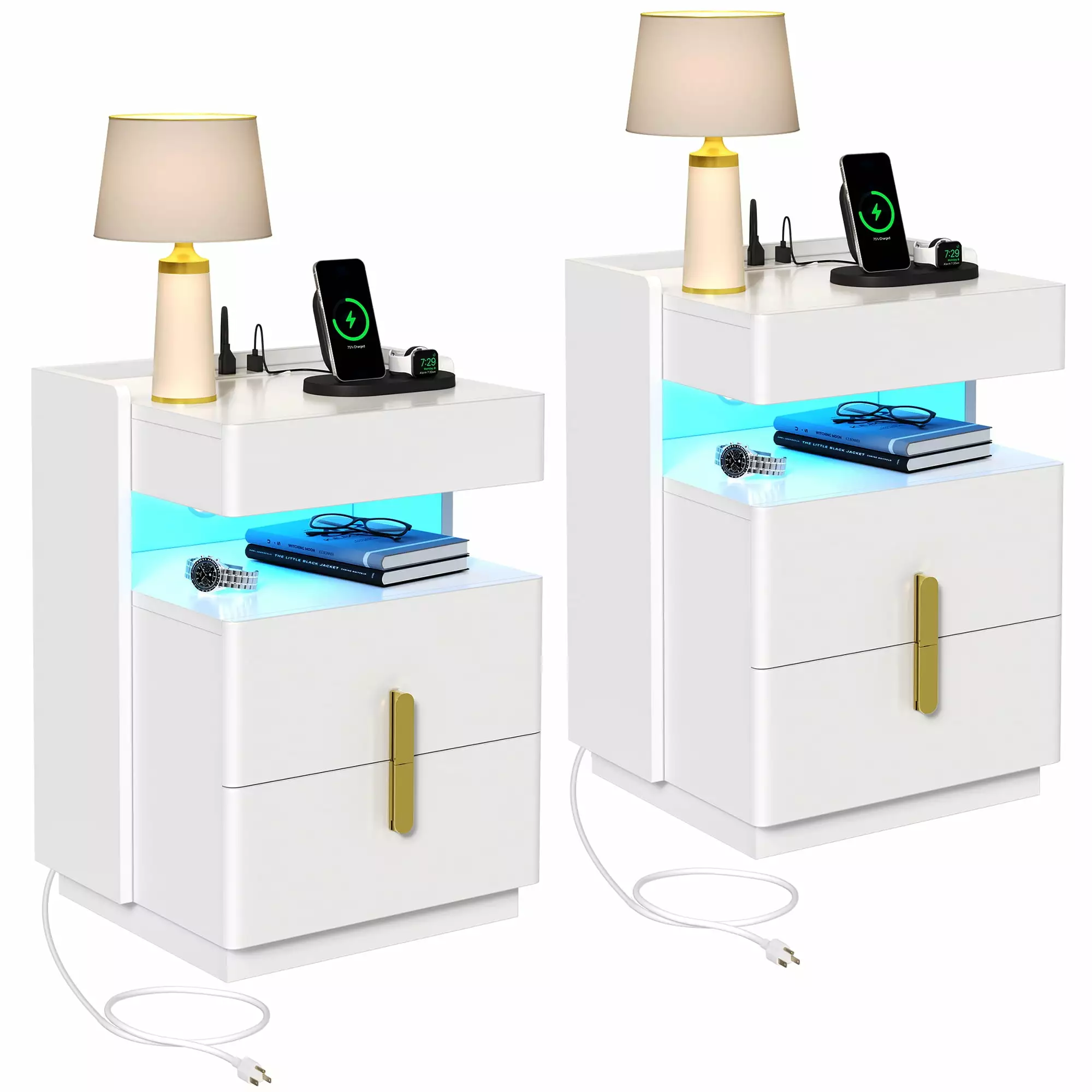 Dextrus LED Nightstand Charging Station - Intelligent Night Stands 2 Drawers Bedroom - Set 2