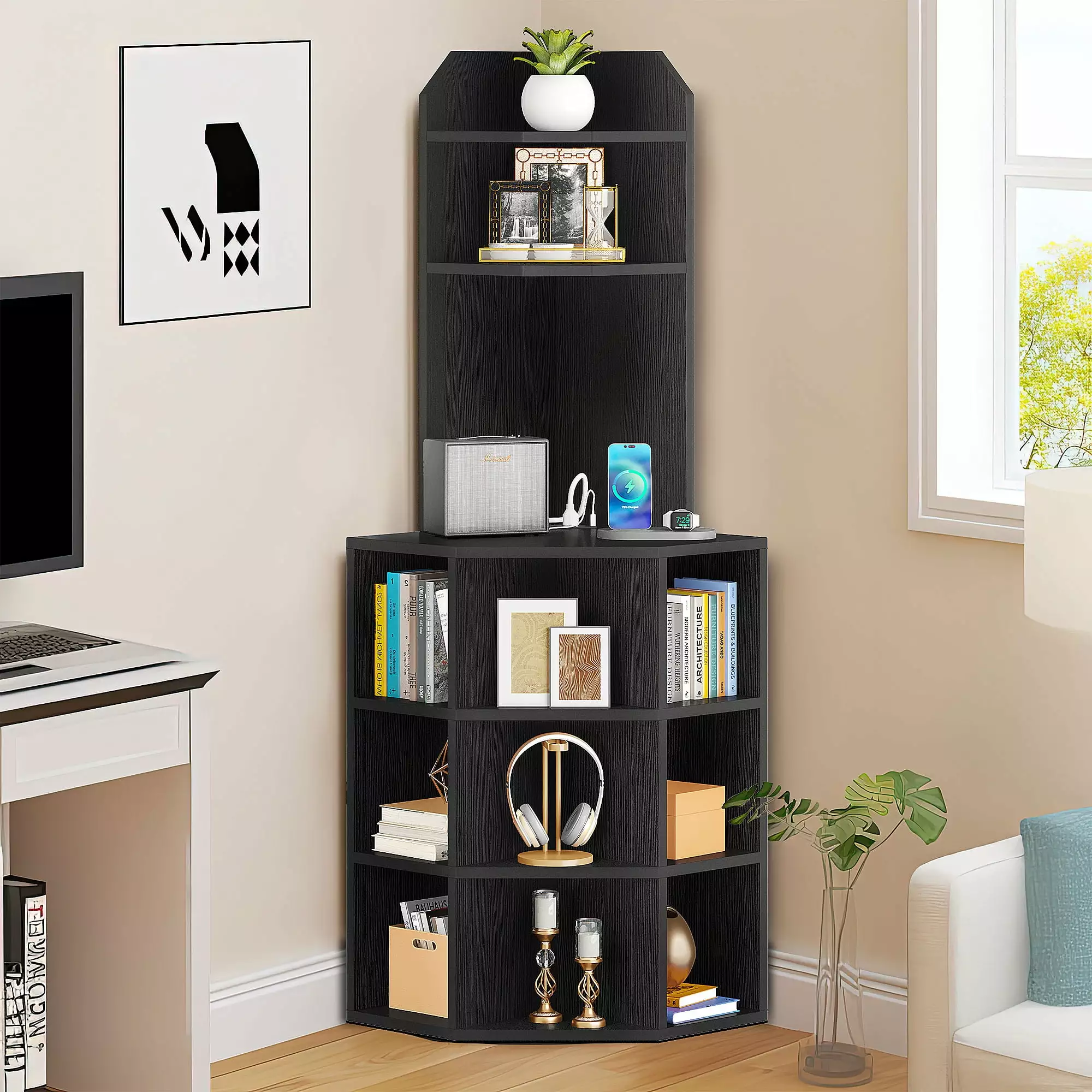 DWVO 5-Tier Corner Shelf USB Ports and Outlets Industrial Corner Bookshelf Living Room Office