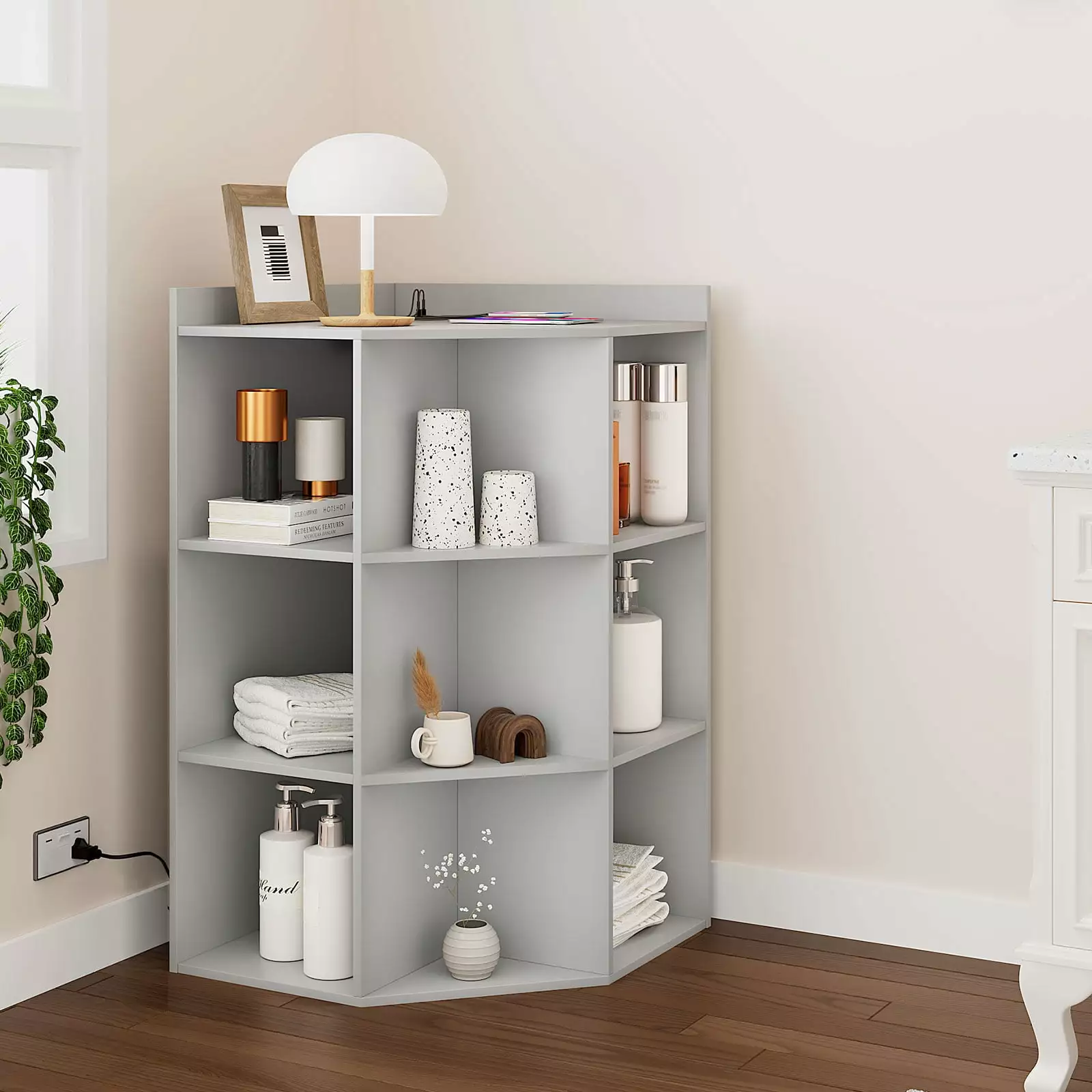 Hironpal Grey Corner Cabinet USB Ports and Outlets 9 Cube Organization Storage Small Spaces