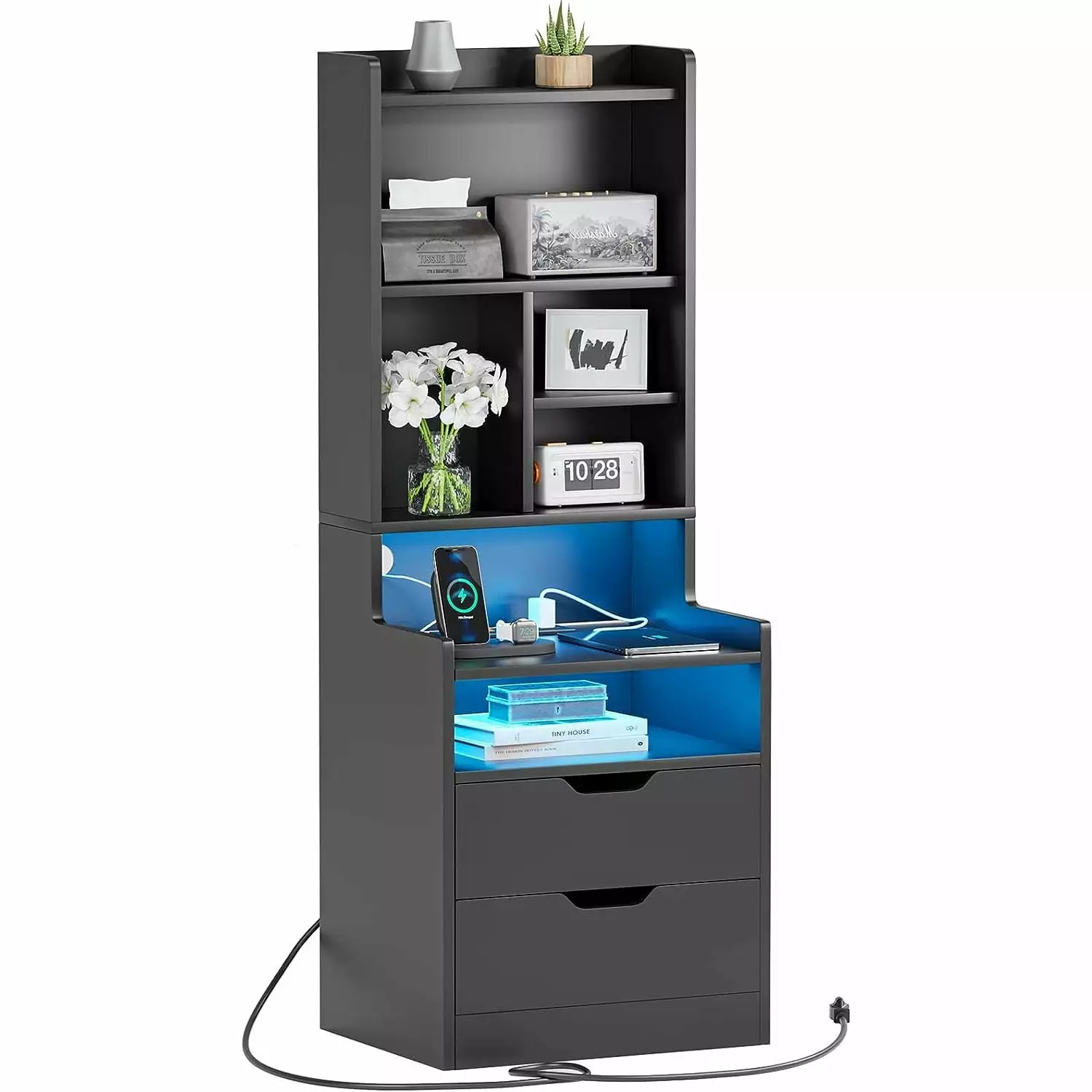SEYATPOOL Tall Nightstand Charging Station and LED Lights