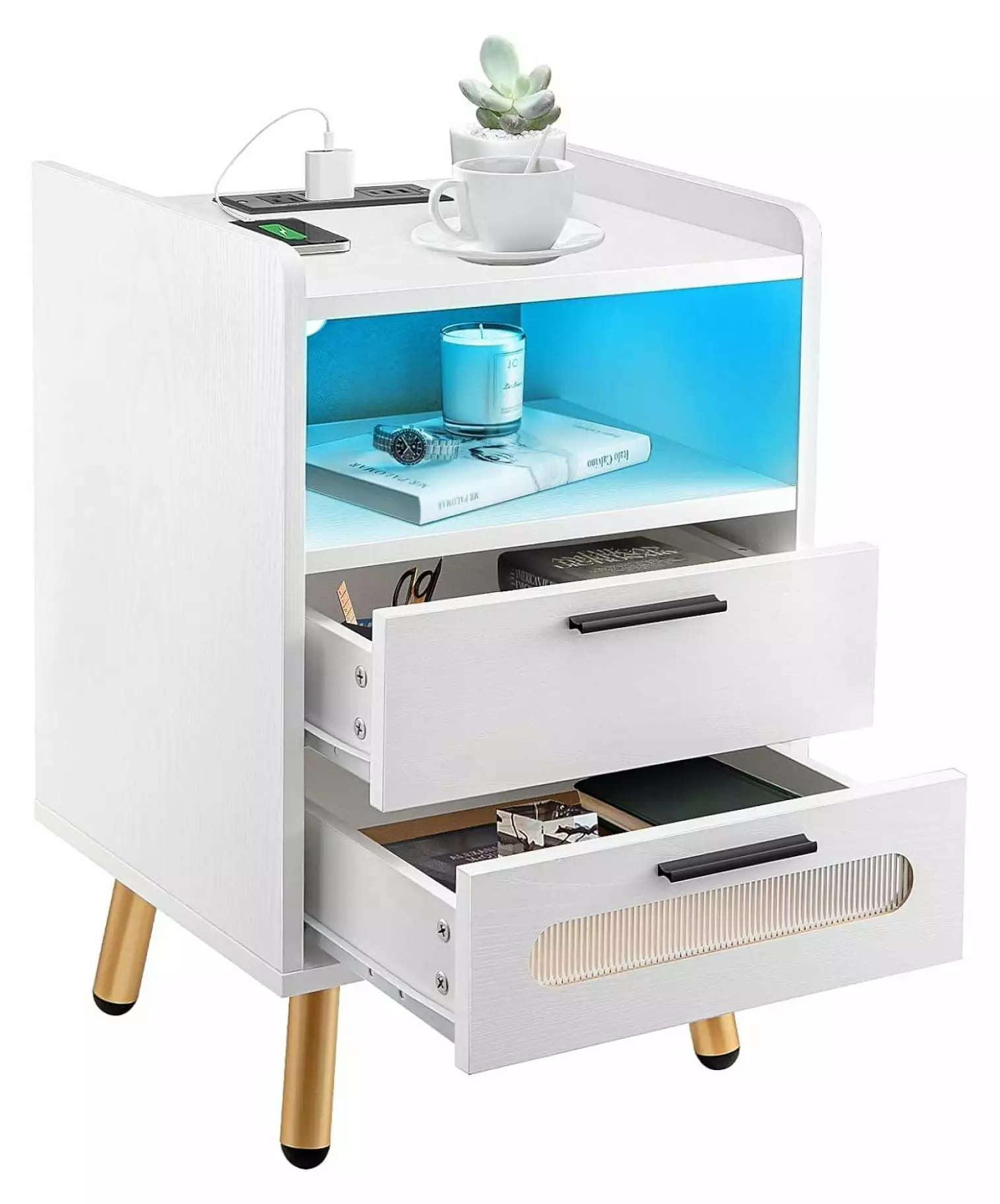 LED Nightstand Charging Station USB Type-C Ports and Outlets White High Gloss Bennium