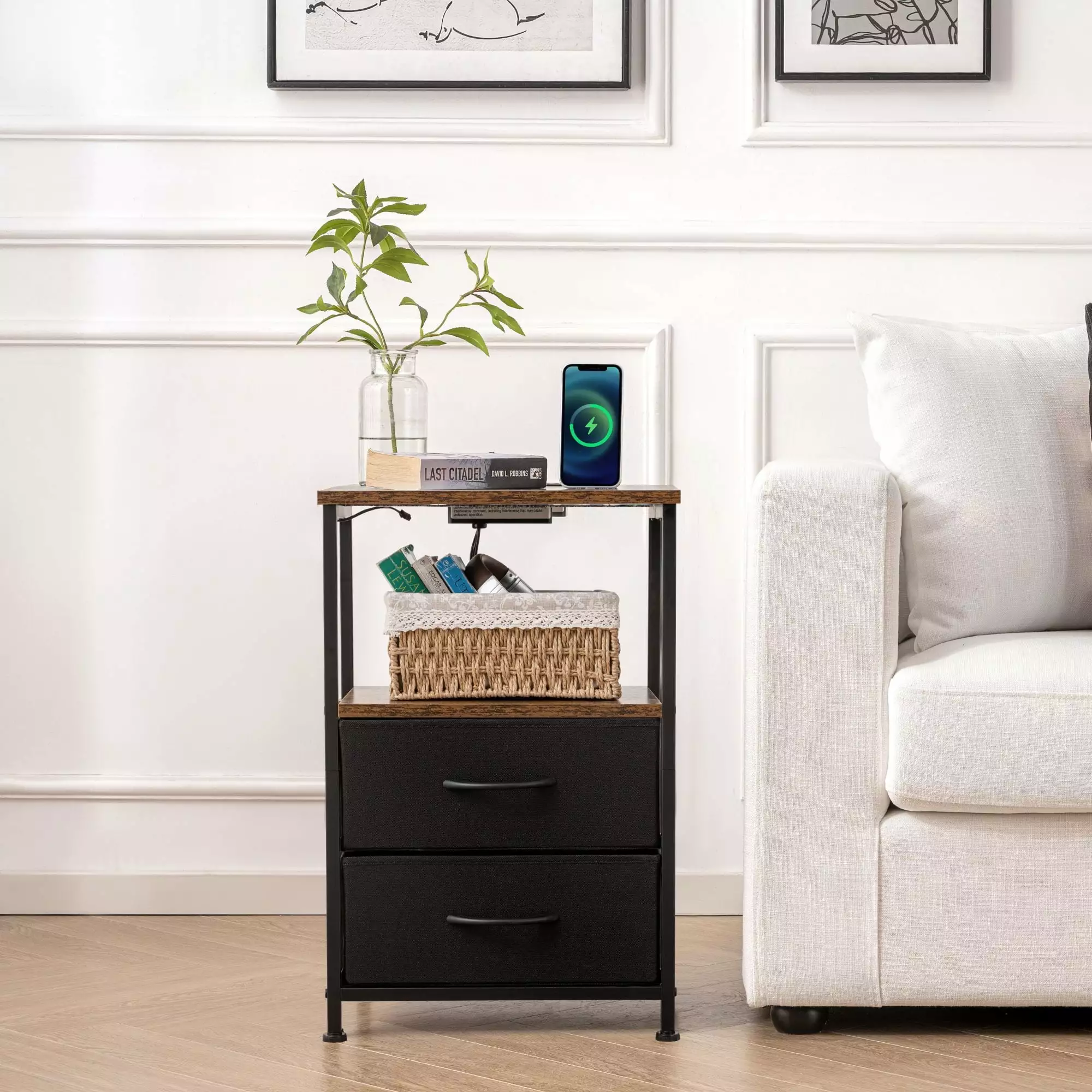 Bigroof Nightstand Charging Station and LED Lights - 23.6 Inch Tall Side Table 3 Fabric Drawers and USB Ports Bedroom