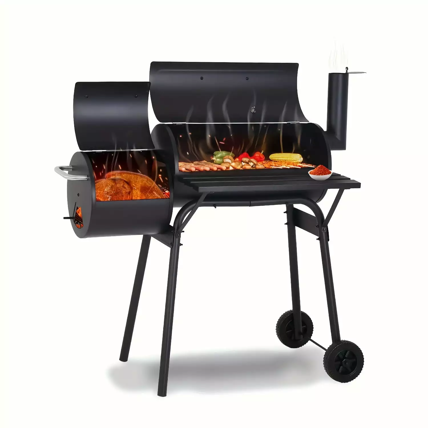 Outdoor BBQ Grill Offset Smoker Wheels Side Fire Box Portable Barbecue Grill Backyard Camping Picnics