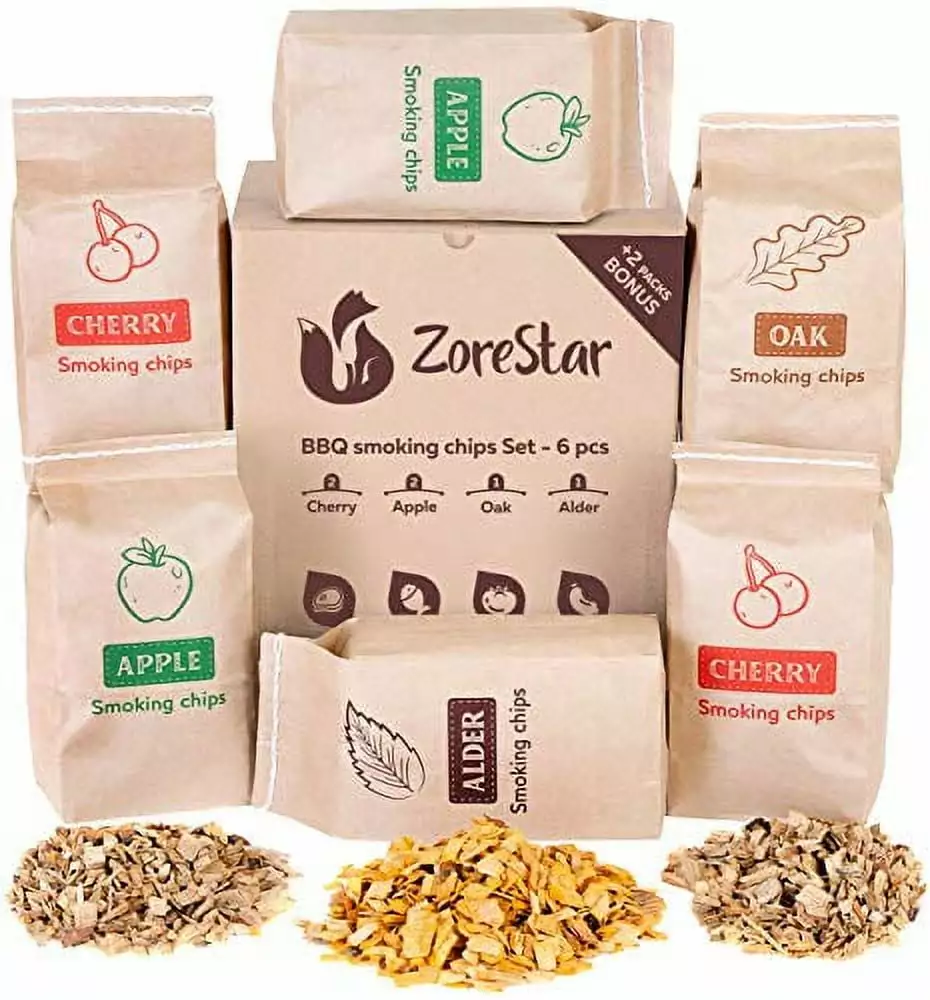 Zorestar Wood Chips Smokers 6 pcs Variety Pack Oak Alder Cherry Apple Chips Smoking and Grilling Bonus e-Book