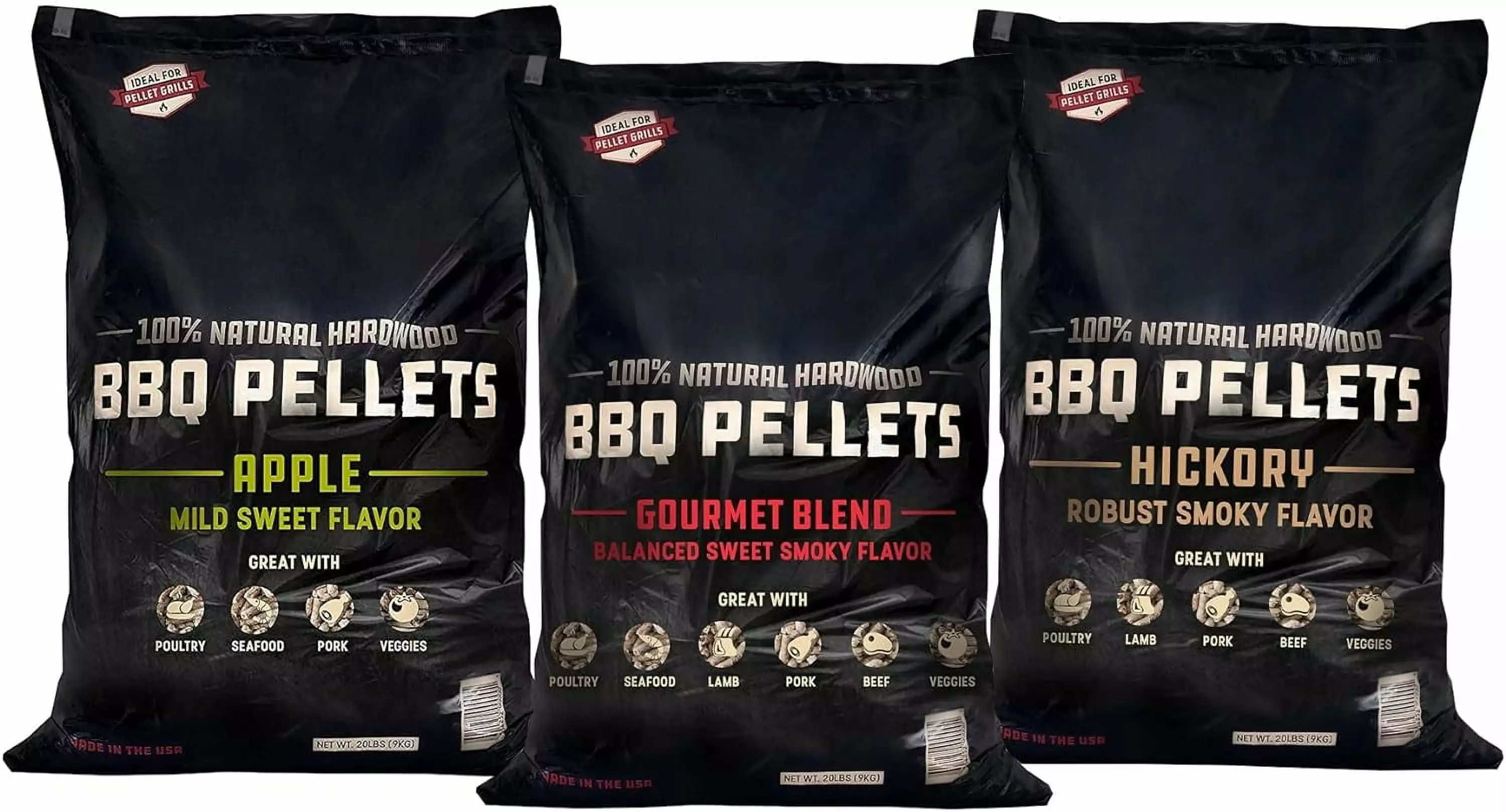 Bear Mountain BBQ 20 Pound Natural Hardwood Smoker Pellets Hickory and Apple 3 Pack