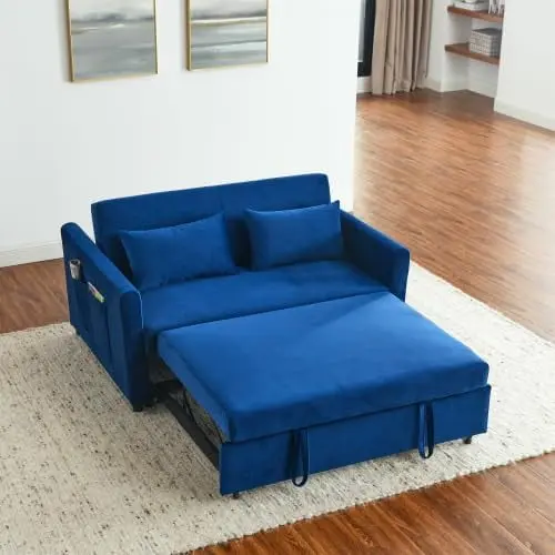 Mbolyeer 54 Blue Velvet Convertible Sleeper Sofa Bed Adjustable Backrest GELE