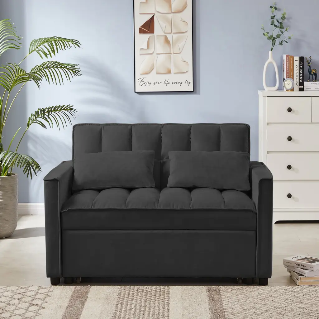 Black Velvet Loveseat Sofa Bed Tufted Back and Comfortable Stitching OMCCHK