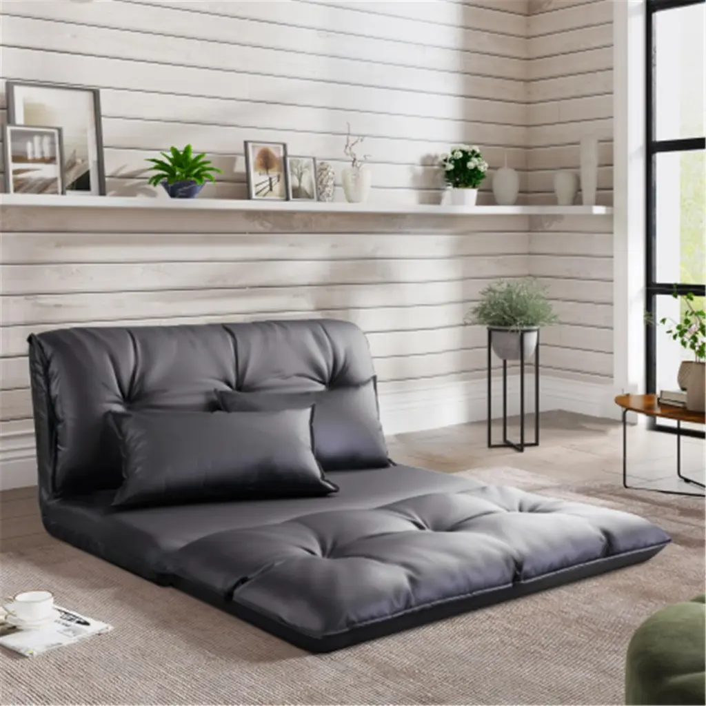 PU Leather Adjustable Foldable Modern Leisure Sofa Bed Two Pillows Black ARCTICSCORPION