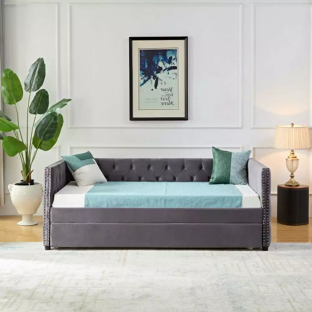 Sofa Bed Bed Frame - Upgraded Velvet Upholstered Sofa Bed Buttons and Brass Nails Grey Futons Genxin