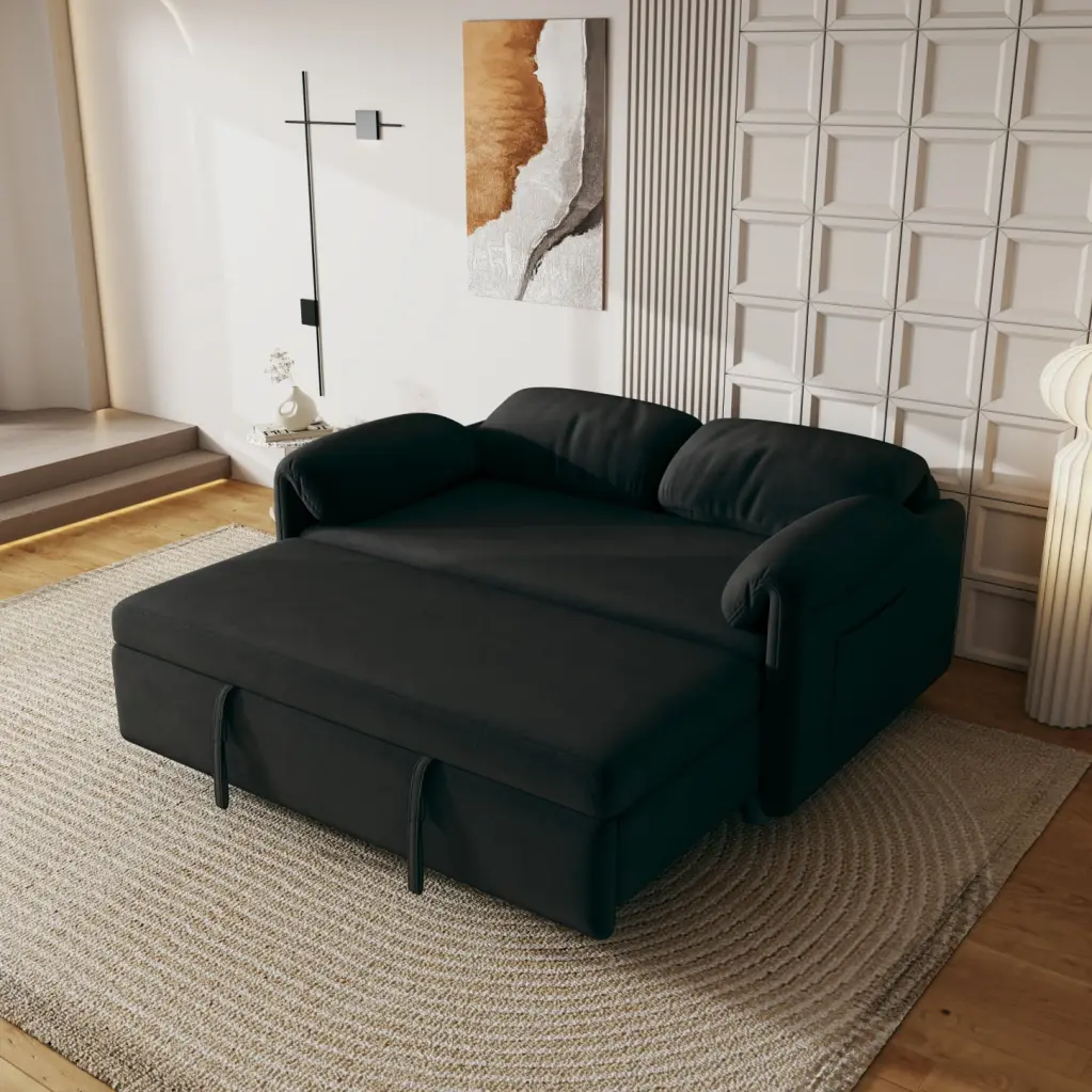 54-Inch Black Velvet Sofa Bed Multi-Purpose Retractable Living Room Couch HATNOKIL