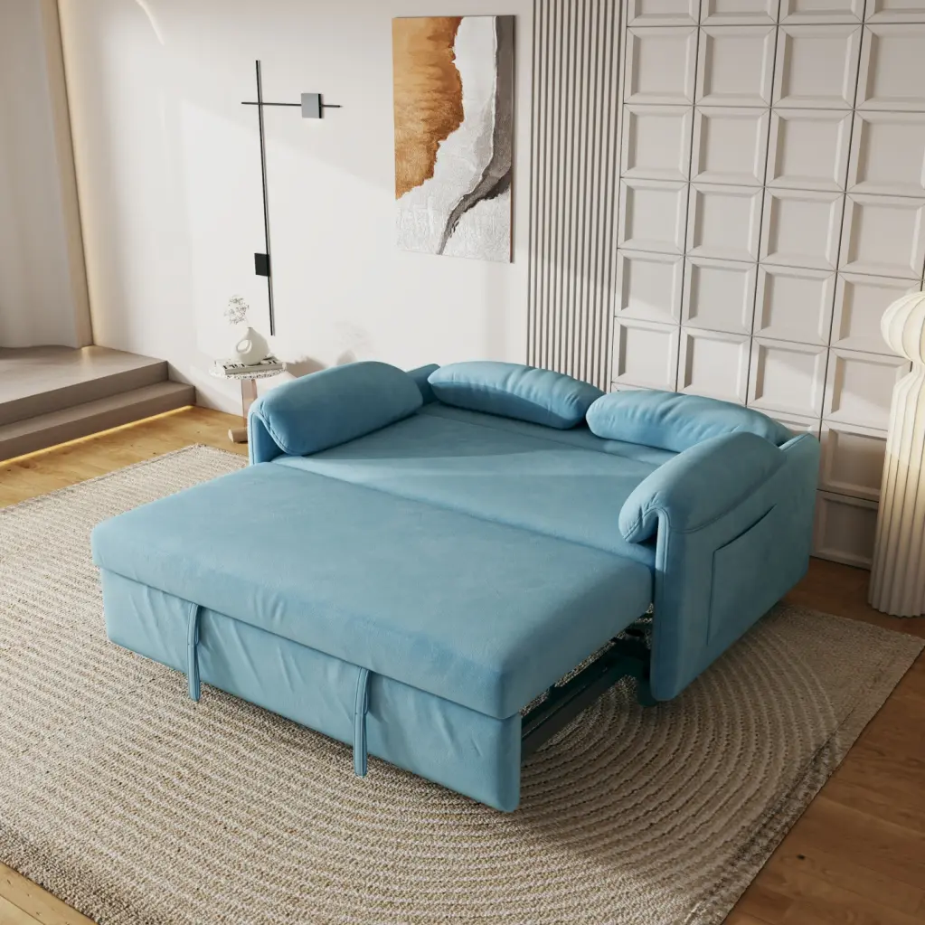 54-Inch Blue Velvet Sofa Bed Multi-Purpose Retractable Living Room Couch HATNOKIL