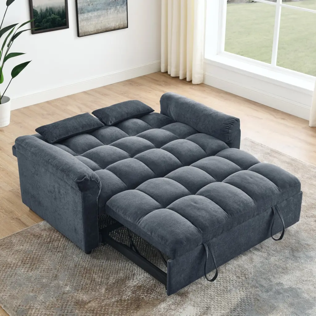 Adjustable Back Dual-Toned Loveseat Sofa Bed Blue and Grey - Stylish Linen Upholstery Small Spaces HATNOKIL