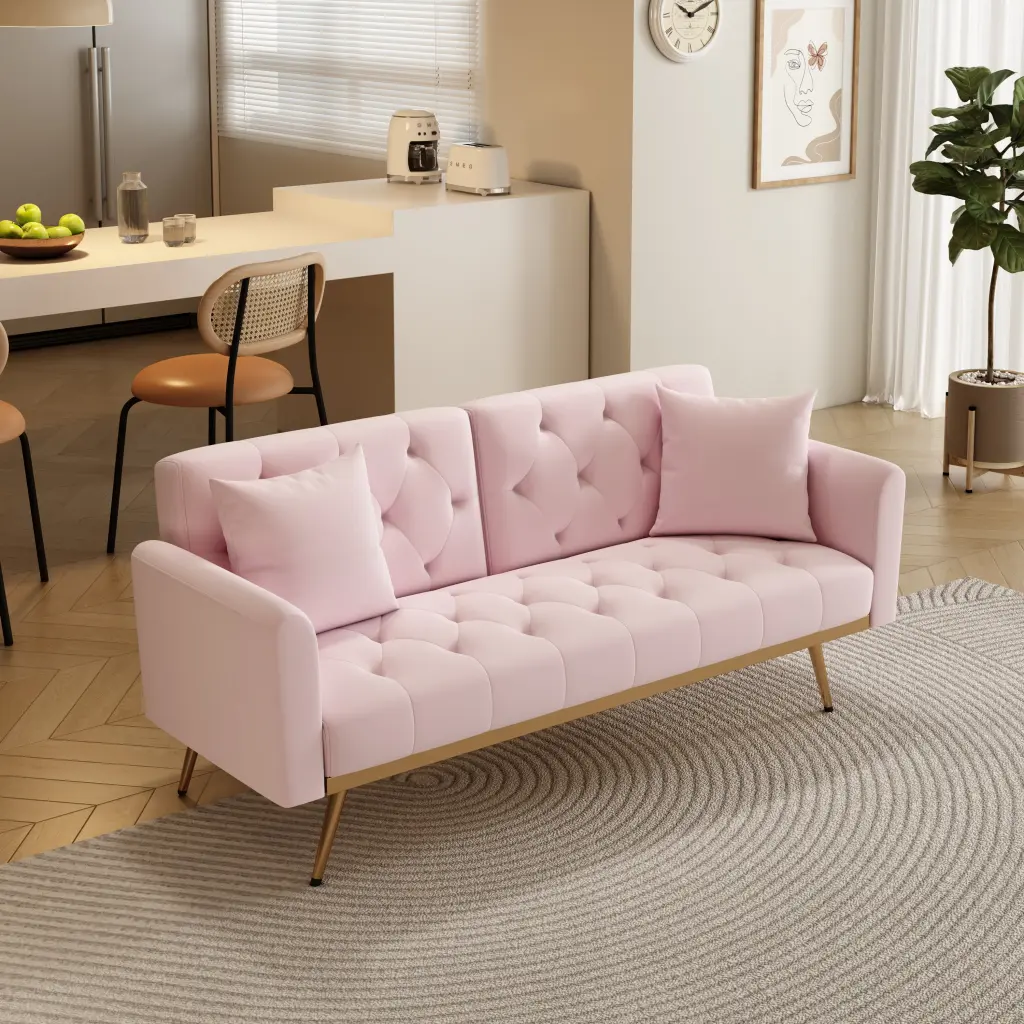 68.3 Inch Pink Velvet Sofabed Beautiful Easy to Assemble Convertible Sofa OMCCHK