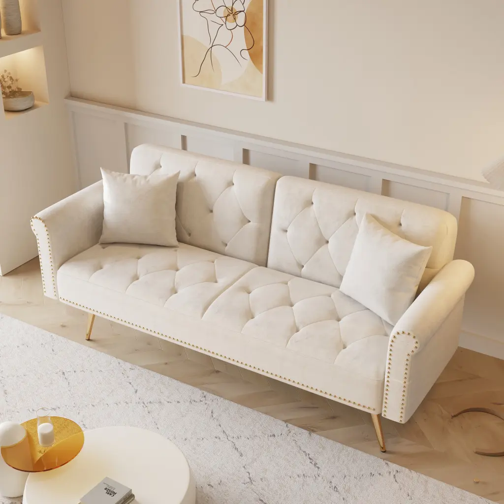 69.7 Inch Beige Velvet Nail Head Sofa Bed Throw Pillow Convertible Sofa OMCCHK