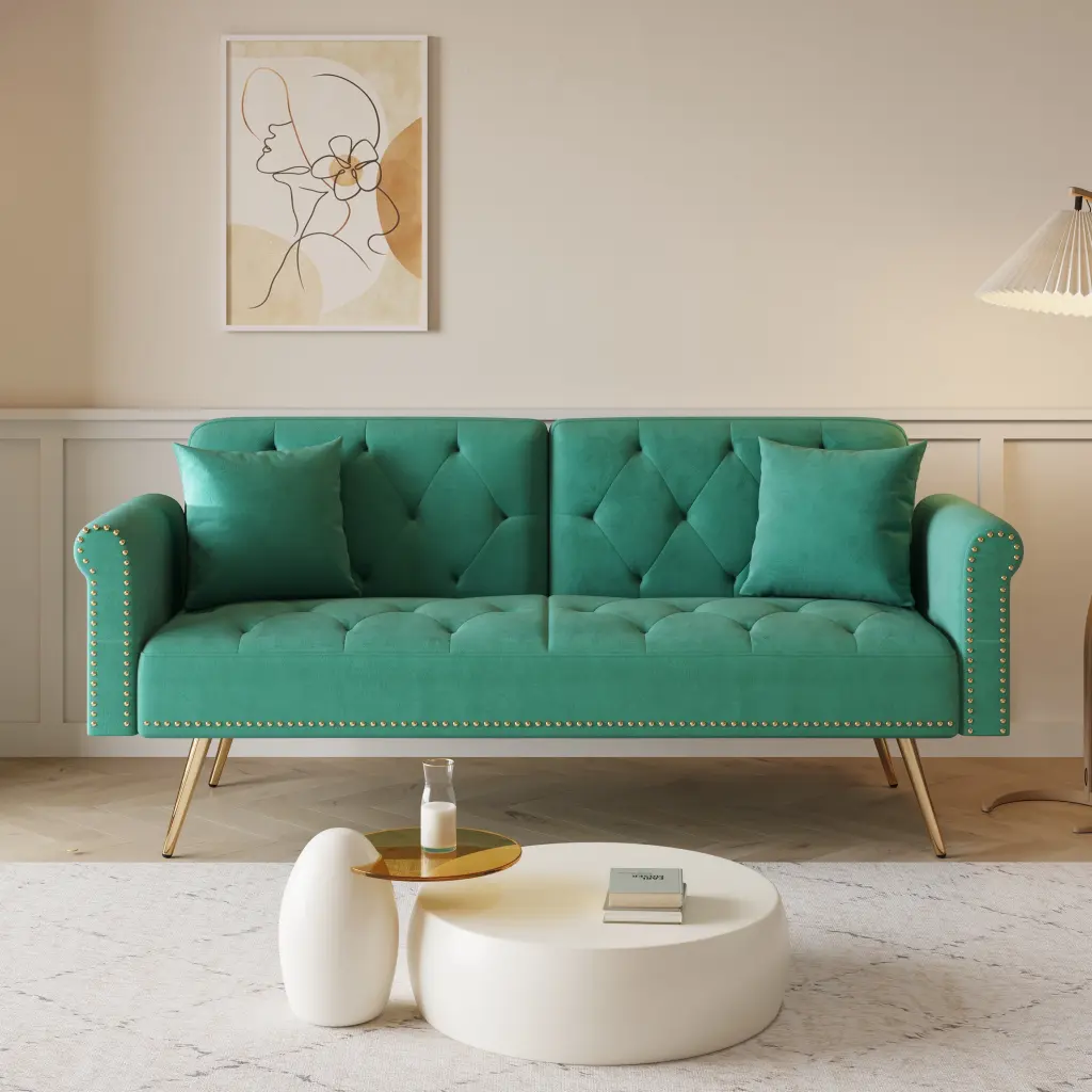 69.7 Inch Green Velvet Nail Head Sofa Bed Throw Pillow Light Luxury Style OMCCHK