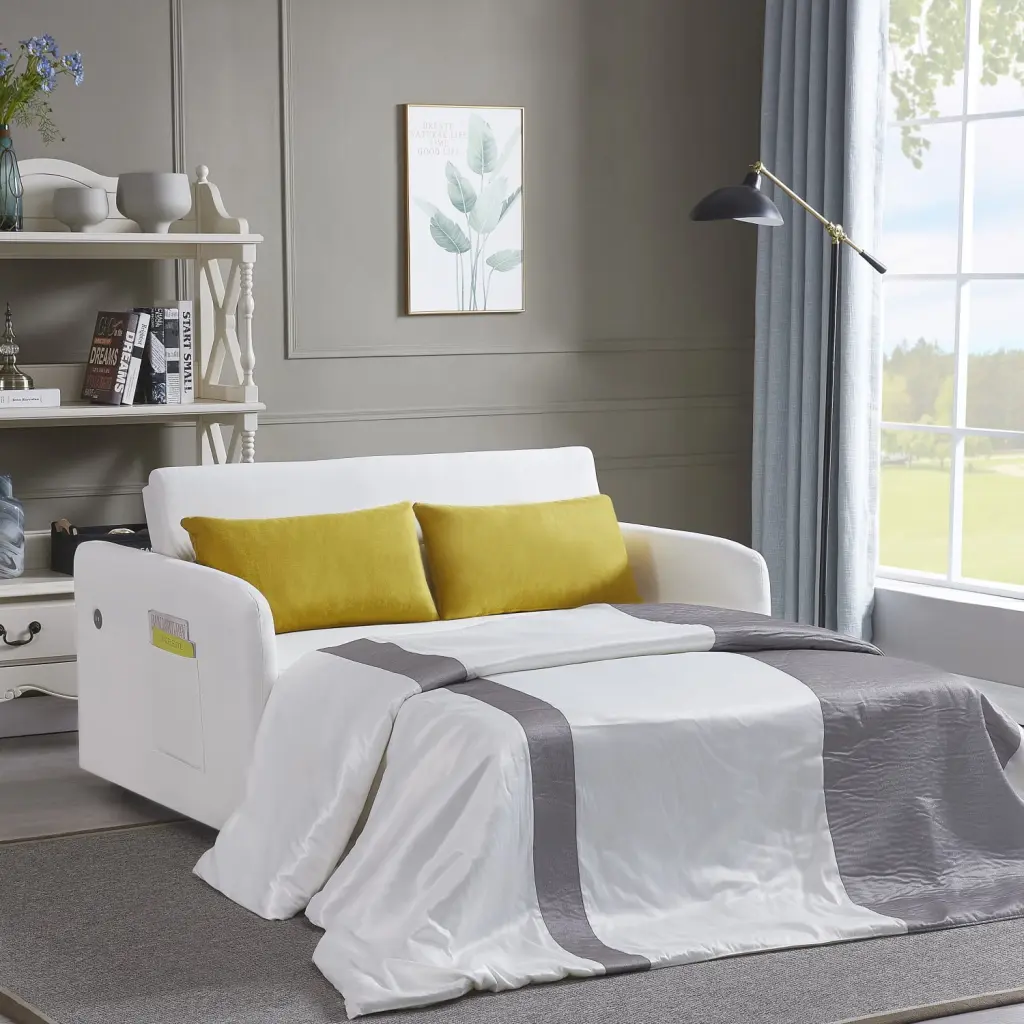 Twin Cream White Fabric Sofa Bed USB Charging Multifunctional Design Easy Assembly Ponnky