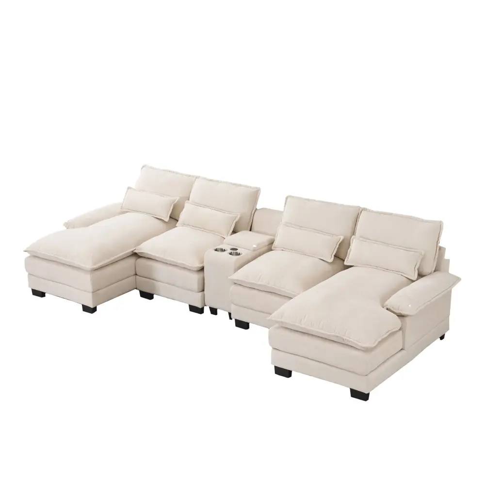 U Shaped Sofa Console, Cupholders, USB Ports, 6 Seat, Bronzing Nubuck &