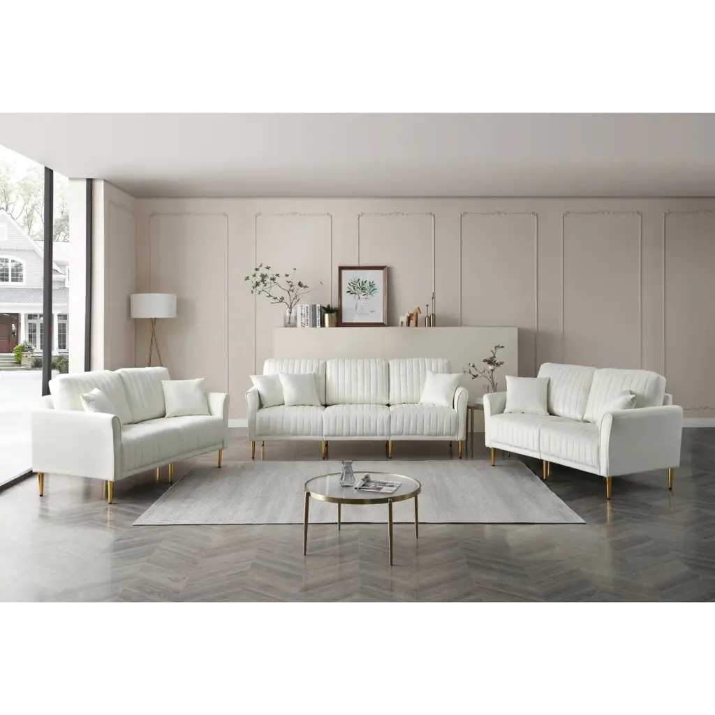 Modern Cream Velvet Sofa Set 3-Seater and 2-Seater Sofas Gold Metal Legs and Throw Pillows Ponnky
