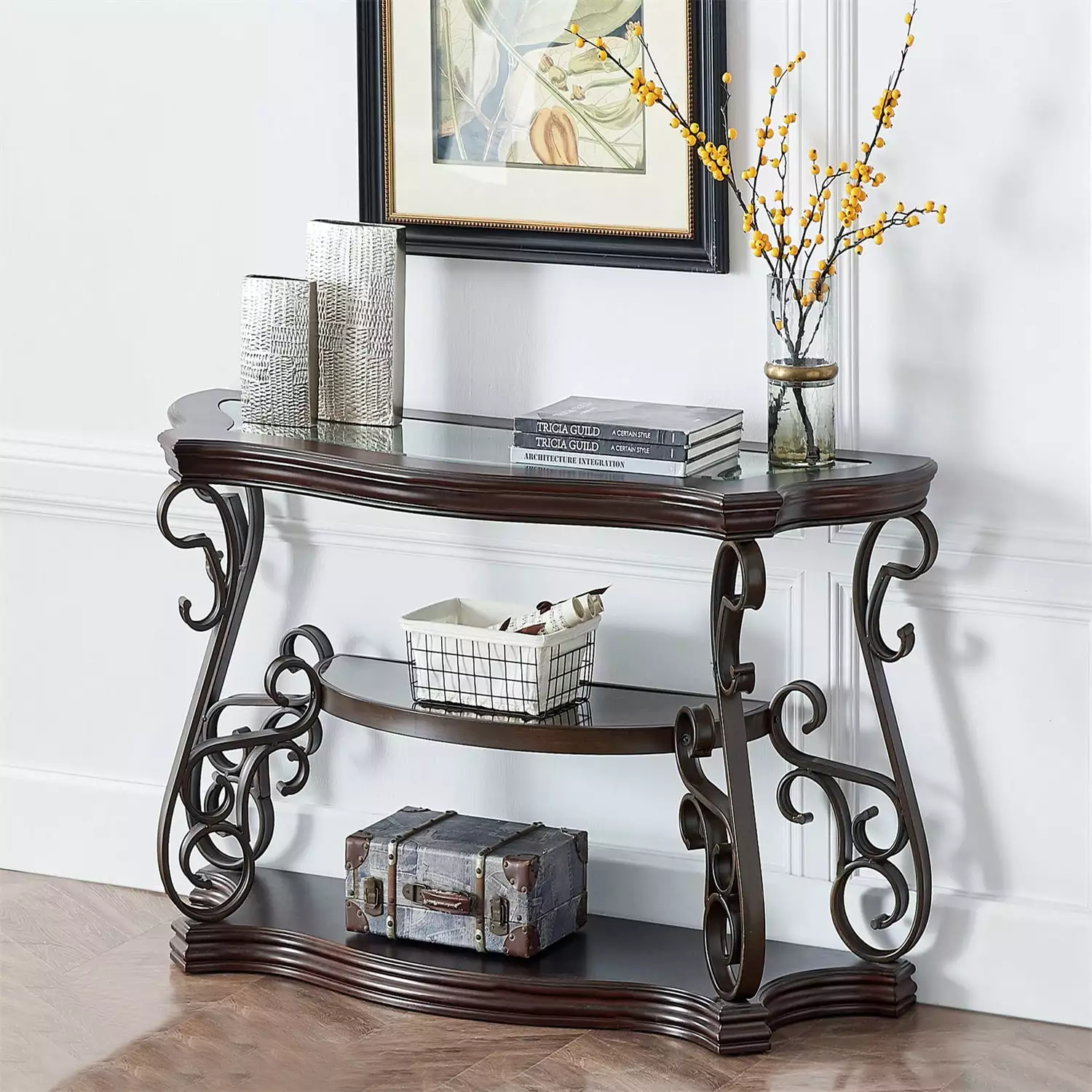 JINS&VICO Living Room Sofa Table Glass Top and Marble Paper Shelf 54Lx20Wx30H Brown Console JINS & VICO
