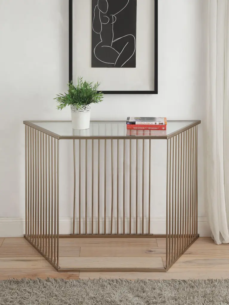 Oaklie Champagne & Clear Glass Sofa Table Sophisticated Console Table