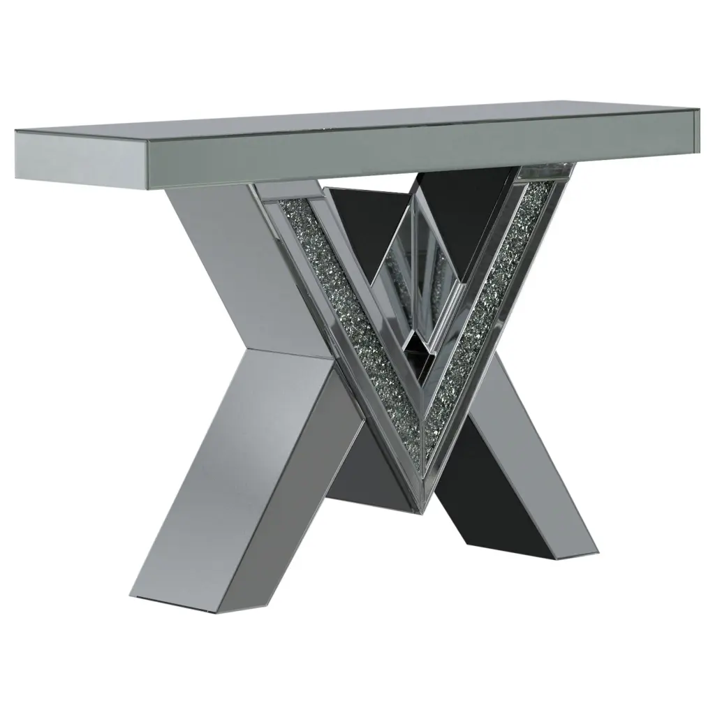 Taffeta V-Shaped Sofa Table Glass Top Silver Console Table