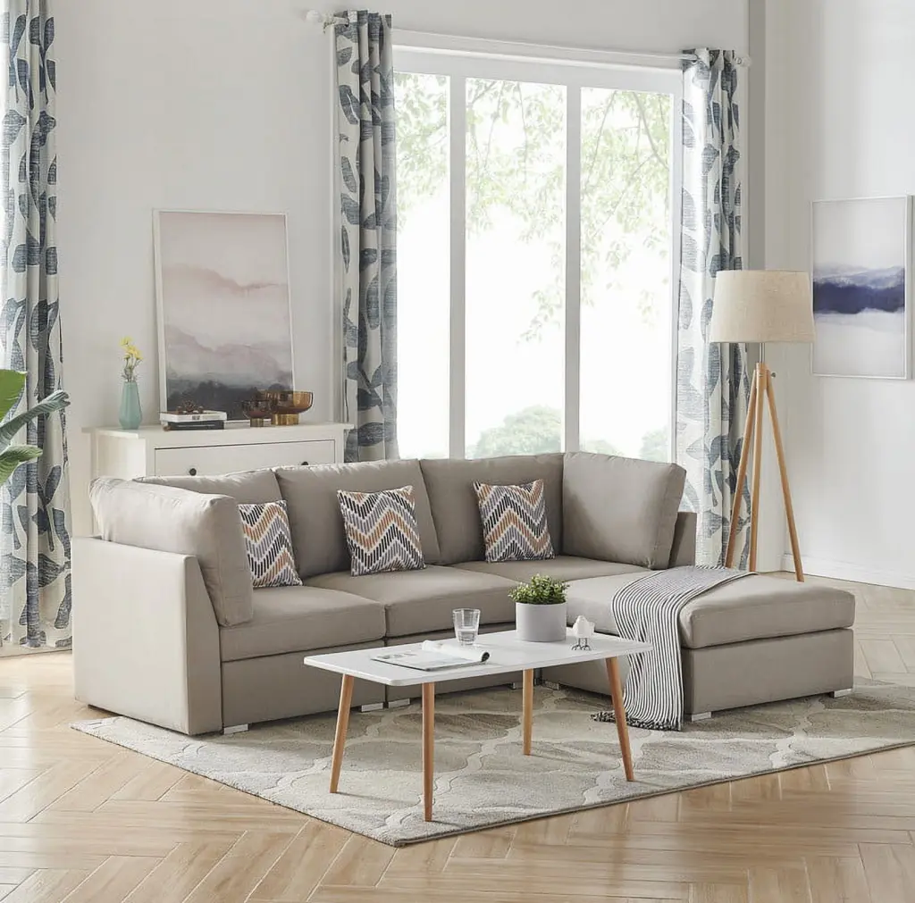 Amira 95.3 Beige Fabric Sofa Ottoman and Pillows Living Room Ghislaine