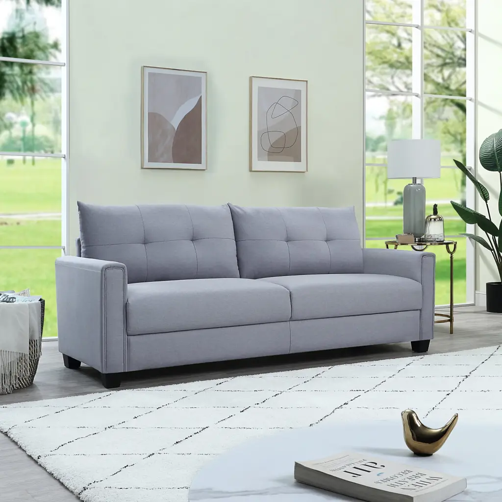 Linen Fabric Upholstery Sofa Tufted Cushions Easy Assembly Light Grey Living Room Furniture ANTFURN