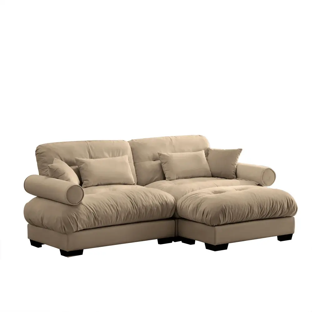 Modern Sectional Sofa Ottoman, Round Bolster Armrests, Waist And Throw Pillows