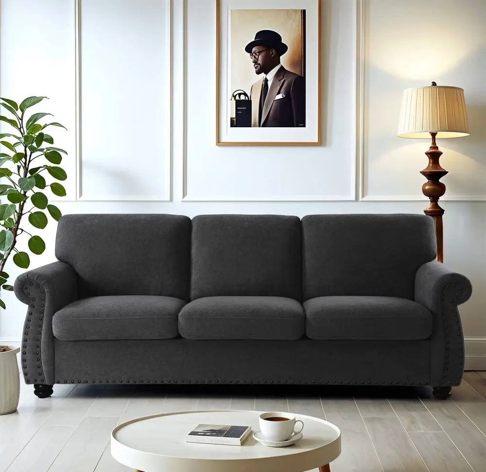 Soft Sofa, Upholstered 3 Seater Couch High Density Foam, Loose Back Cushions And Turned Legs