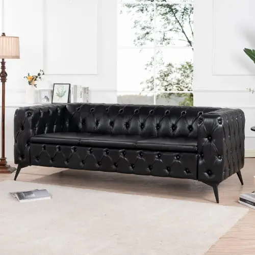 Modern 3 Seater Sofa Couch 82.5 Inch Width PU Leather Tufted Back Removable Cushion Living Room Furniture Triple Tree