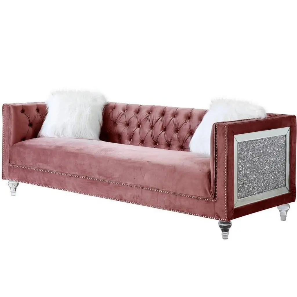 Bowery Hill Contemporary Velvet Upholstered Sofa 2 Pillows Pink - Modern Living Room Furniture