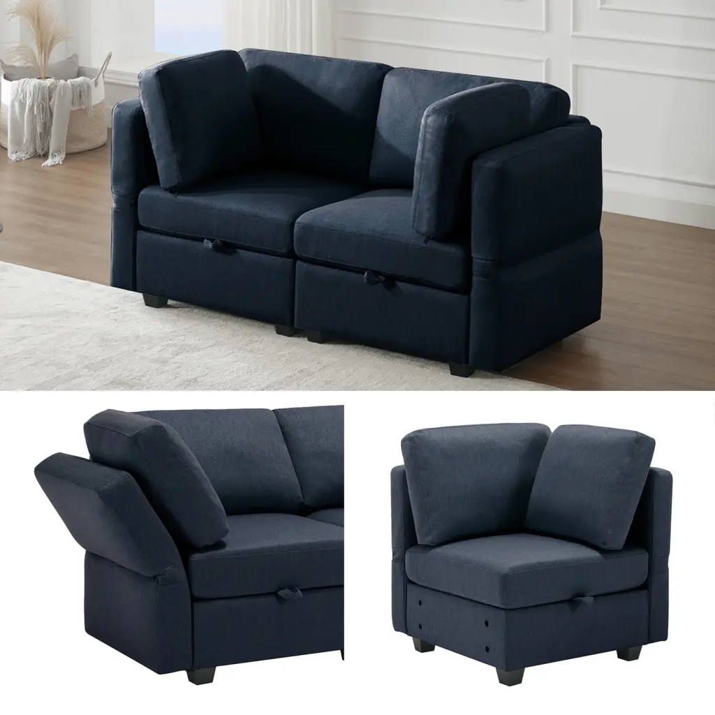 Contemporary Modern Chic 2 Seater Blue Upholstered Fabric Sofa Storage and Adjustable Arms HOMXIAOWO