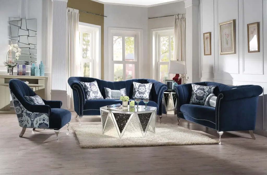Jaborosa Blue Velvet Sofa 3 Pillows Living Room Decor