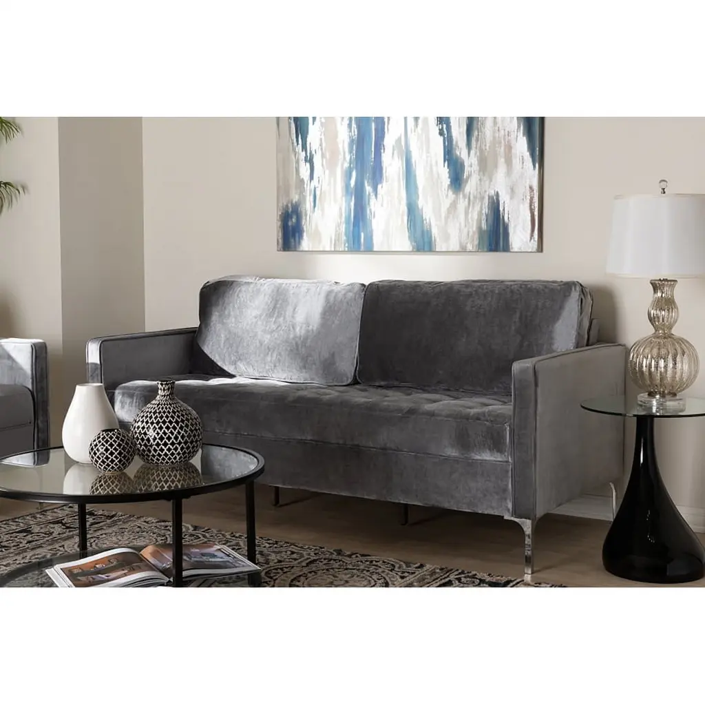 Baxton Studio Clara Modern Contemporary Grey Velvet Fabric Upholstered 3-Seater Sofa Wholesale Interiors