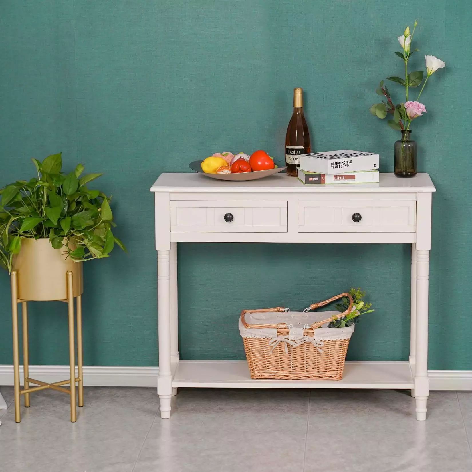 Elegant White Solid Wood Console Table 2 Drawers and Bottom Shelf Weatherworn Look Console LMing