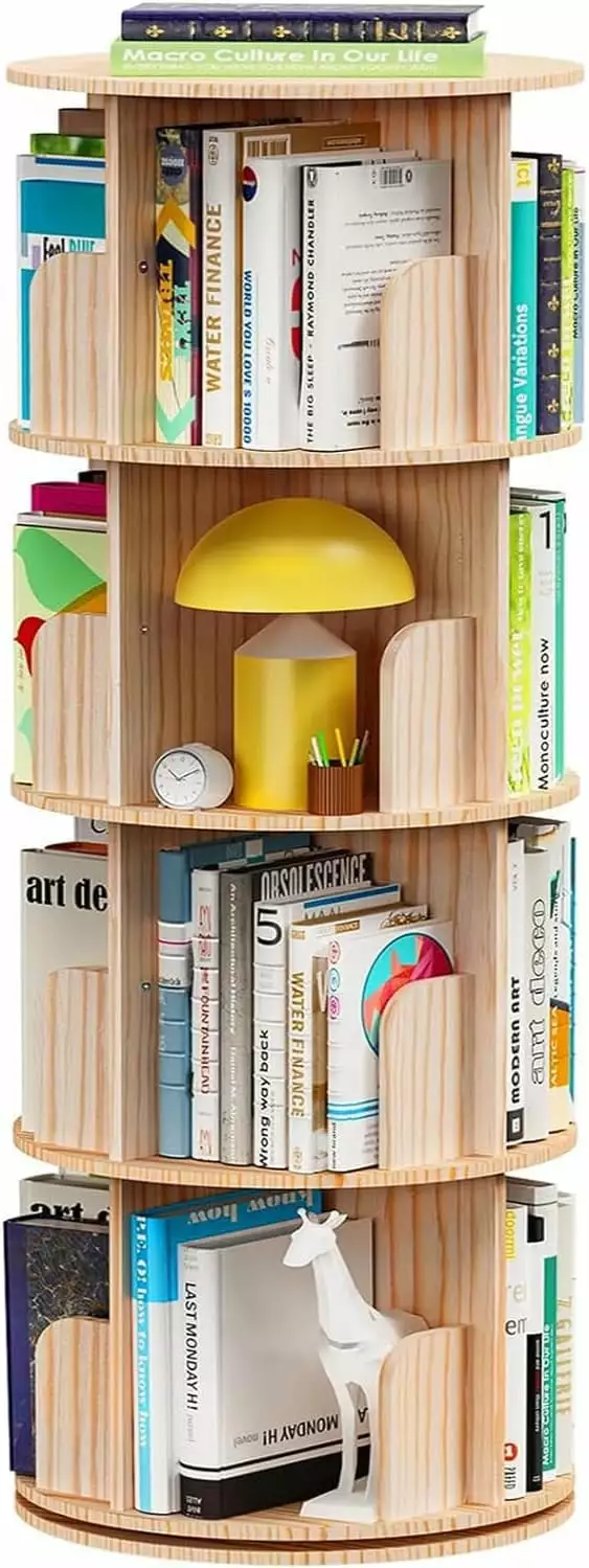 Rotating Bookshelf 4 Tier 360 Display Solid Wood Spinning Bookcase Storage Rack Floor Standing Revolving Shelf Moozerka