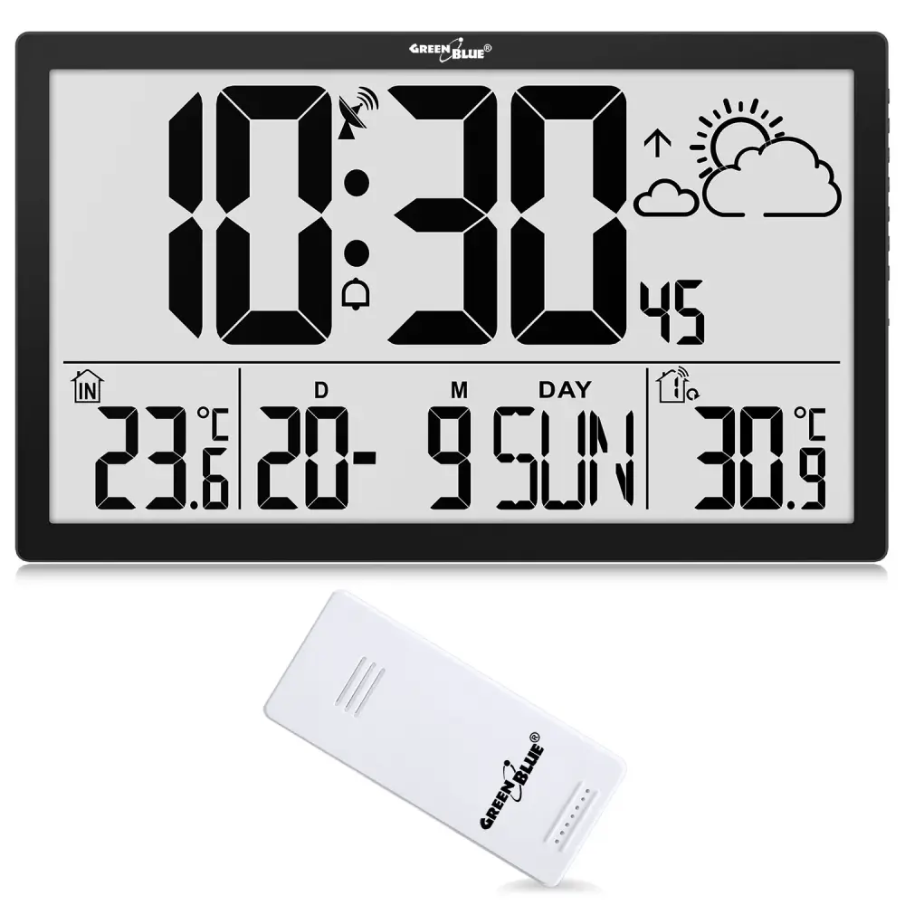 GreenBlue GB218 Extra Big LCD Wall Clock Weather Station Temperature and Date Display
