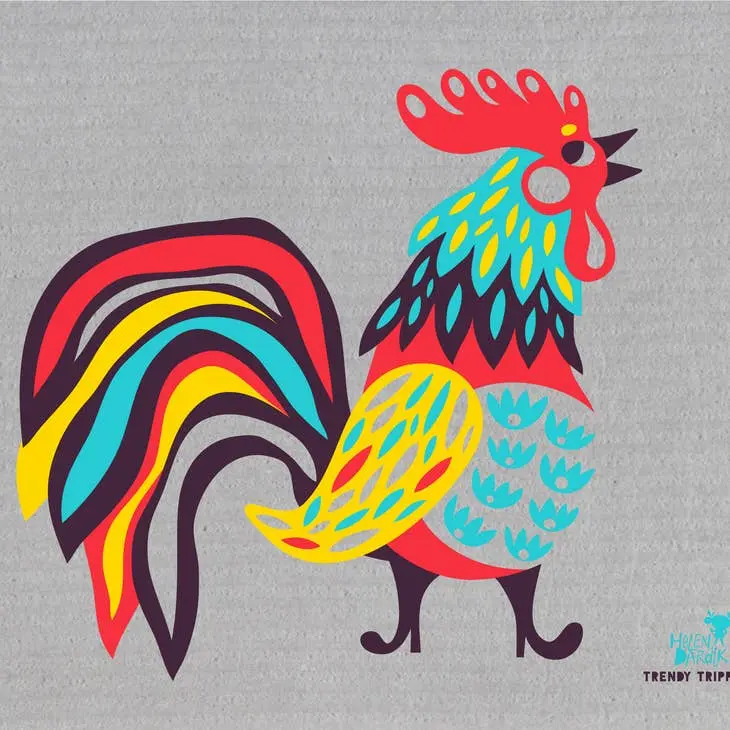 Swedish Dish Cloth Helen Dardik Fancy Rooster on Grey