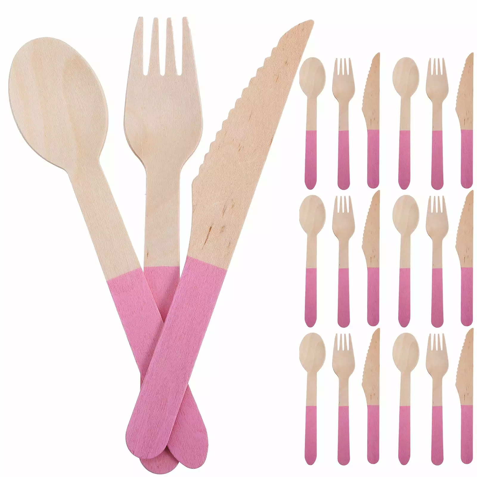 8 Sets Wooden Cutlery Cake Fork and Spoon Travel Flatware Camping Pink