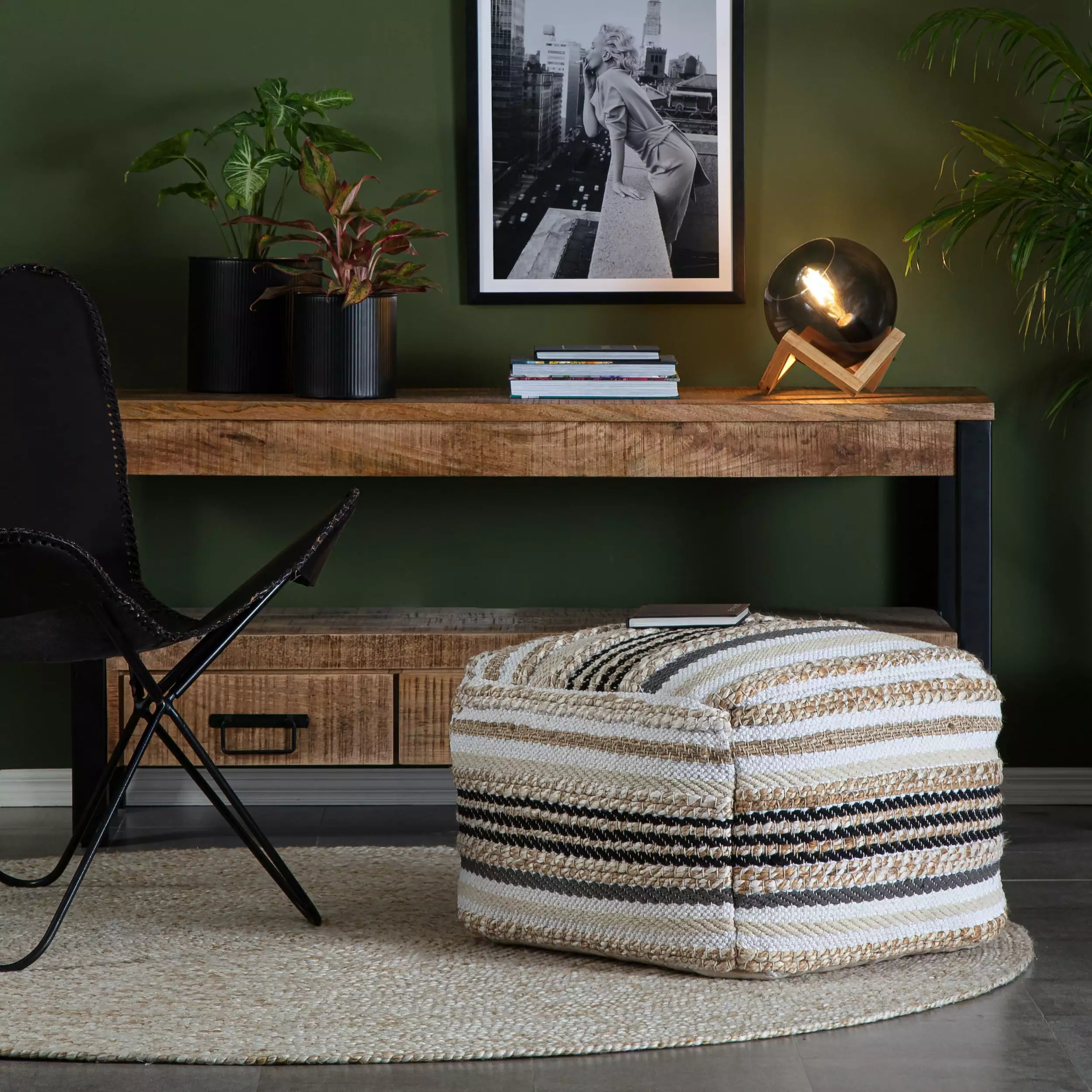 Anji Mountain Arsenal 22 Square Pouf Ottoman Beige & Grayscale