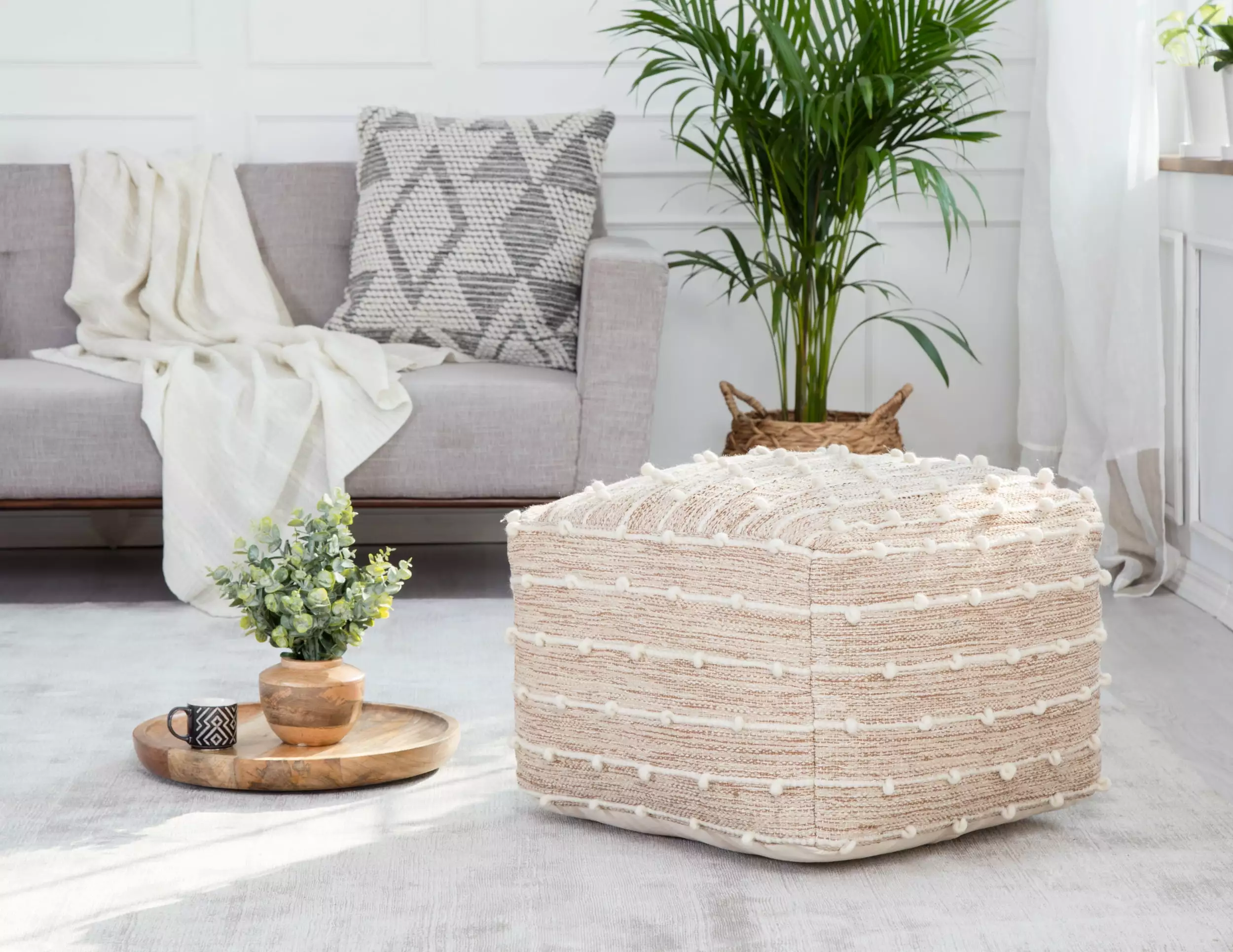 Penelope 22 x 22 x 16 Brown Ivory Pouf Cozy Living Room Accent Footstool Anji Mountain